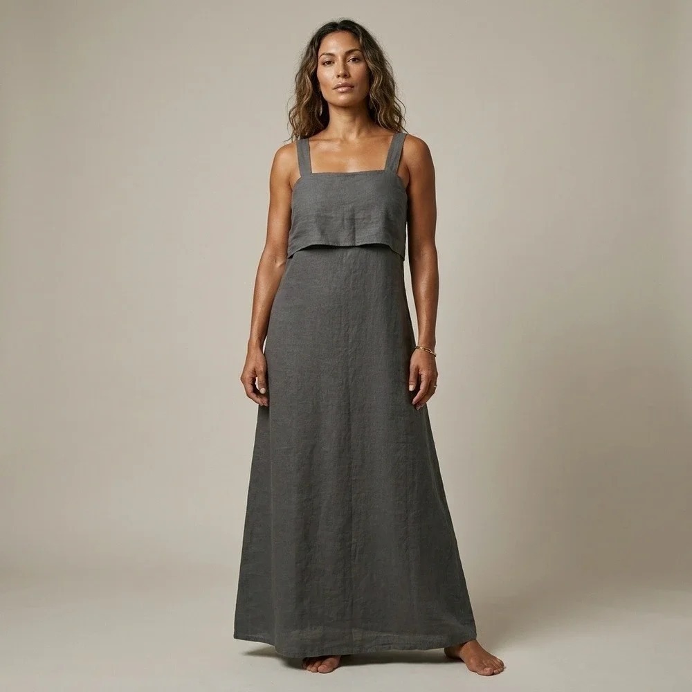 NWT FILOSOFIA Women Maxi Dress M Gray 100% Linen Lagenlook Minimalist